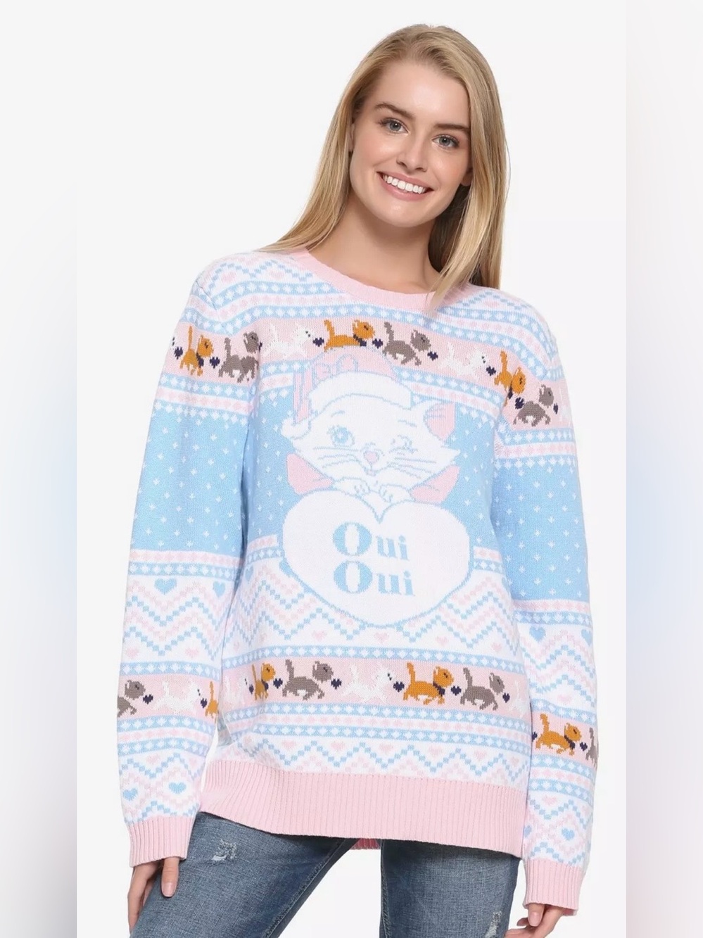 Disney The Aristocats Marie Cat Pastel Blue Pink Holiday Xmas Ski Sweater. Sz M